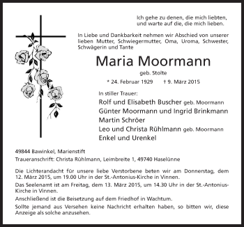 Traueranzeige von Maria Moormann von Neue Osnabrücker Zeitung GmbH & Co. KG