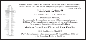 Traueranzeige von Wilhelm Schnell von Neue Osnabrücker Zeitung GmbH & Co. KG