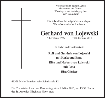 Traueranzeige von Gerhard von Lojewski von Neue Osnabrücker Zeitung GmbH & Co. KG