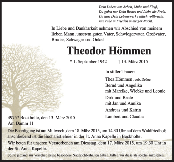 Traueranzeige von Theodor Hömmen von Neue Osnabrücker Zeitung GmbH & Co. KG