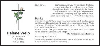 Traueranzeige von Helene Welp von Neue Osnabrücker Zeitung GmbH & Co. KG