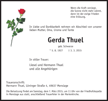 Traueranzeige von Gerda Thuel von Neue Osnabrücker Zeitung GmbH & Co. KG