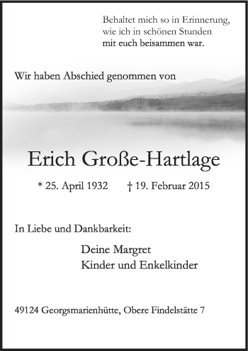 Traueranzeige von Erich Große-Hartlage von Neue Osnabrücker Zeitung GmbH & Co. KG