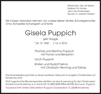 Traueranzeige von Gisela Puppich von Neue Osnabrücker Zeitung GmbH & Co. KG