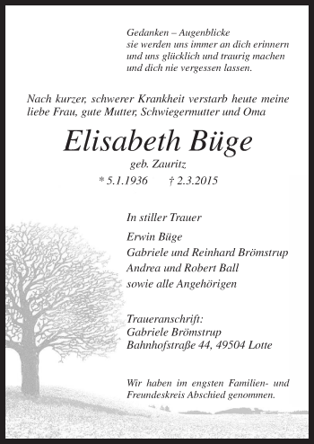 Traueranzeige von Elisabeth Büge von Neue Osnabrücker Zeitung GmbH & Co. KG