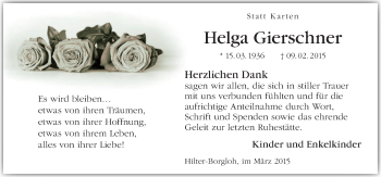 Traueranzeige von Helga Gierschner von Neue Osnabrücker Zeitung GmbH & Co. KG