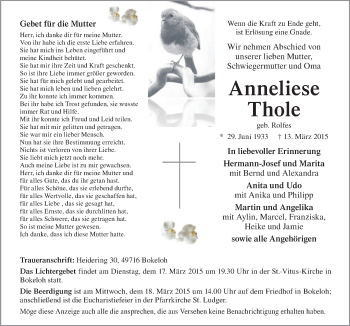 Traueranzeige von Anneliese Thole von Neue Osnabrücker Zeitung GmbH & Co. KG