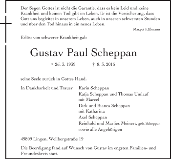 Traueranzeige von Gustav Paul Scheppan von Neue Osnabrücker Zeitung GmbH & Co. KG