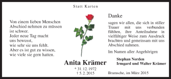 Traueranzeige von Anita Krämer von Neue Osnabrücker Zeitung GmbH & Co. KG