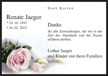 Traueranzeige von Renate Jaeger von Neue Osnabrücker Zeitung GmbH & Co. KG