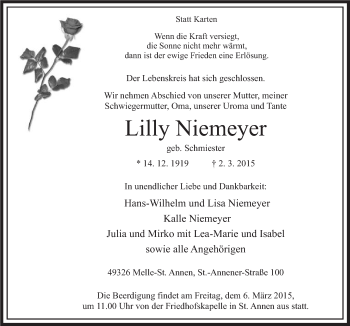 Traueranzeige von Lilly Niemeyer von Neue Osnabrücker Zeitung GmbH & Co. KG