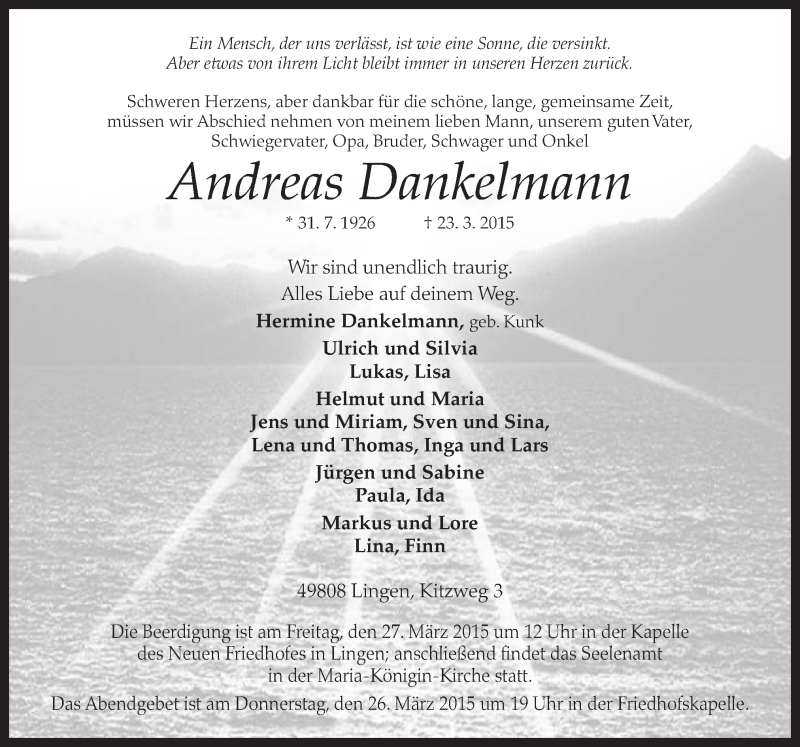  Traueranzeige für Andreas Dankelmann vom 26.03.2015 aus Neue Osnabrücker Zeitung GmbH & Co. KG