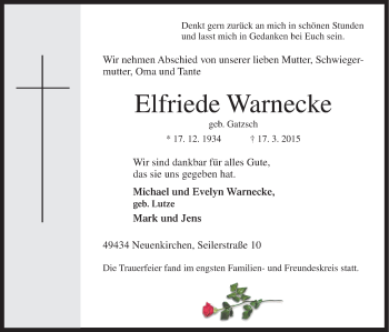 Traueranzeige von Elfriede Warnecke von Neue Osnabrücker Zeitung GmbH & Co. KG