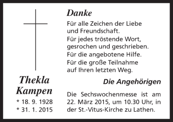 Traueranzeige von Thekla Kampen von Neue Osnabrücker Zeitung GmbH & Co. KG