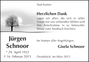 Traueranzeige von Jürgen Schnoor von Neue Osnabrücker Zeitung GmbH & Co. KG