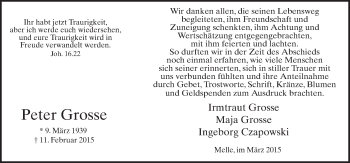 Traueranzeige von Peter Grosse von Neue Osnabrücker Zeitung GmbH & Co. KG