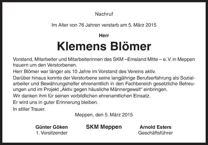  Traueranzeige für Klemens Blömer vom 10.03.2015 aus Neue Osnabrücker Zeitung GmbH & Co. KG