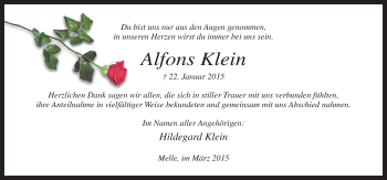 Traueranzeige von Alfons Klein von Neue Osnabrücker Zeitung GmbH & Co. KG
