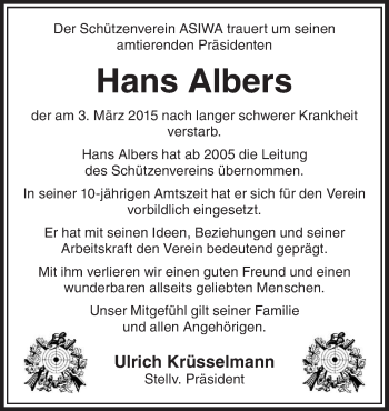 Traueranzeige von Hans Albers von Neue Osnabrücker Zeitung GmbH & Co. KG
