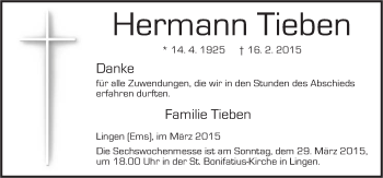 Traueranzeige von Hermann Tieben von Neue Osnabrücker Zeitung GmbH & Co. KG