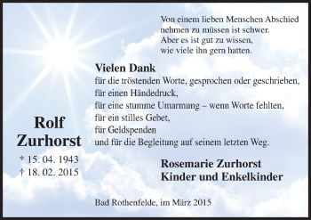 Traueranzeige von Rolf Zurhorst von Neue Osnabrücker Zeitung GmbH & Co. KG