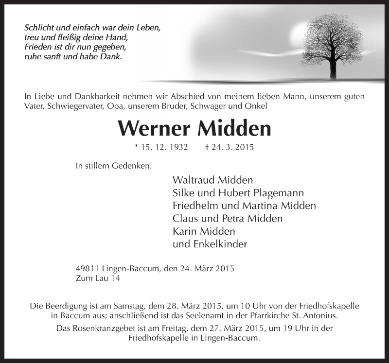  Traueranzeige für Werner Midden vom 26.03.2015 aus Neue Osnabrücker Zeitung GmbH & Co. KG