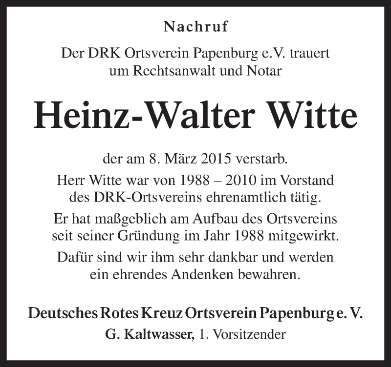  Traueranzeige für Heinz-Walter Witte vom 13.03.2015 aus Neue Osnabrücker Zeitung GmbH & Co. KG