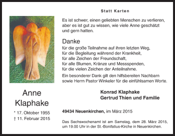 Traueranzeige von Konrad Klaphake von Neue Osnabrücker Zeitung GmbH & Co. KG