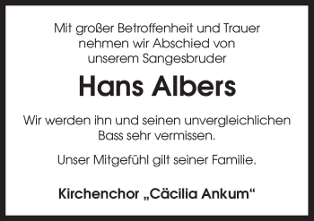 Traueranzeige von Hans Albers von Neue Osnabrücker Zeitung GmbH & Co. KG