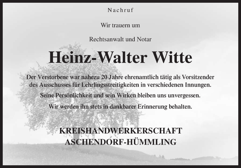  Traueranzeige für Heinz-Walter Witte vom 12.03.2015 aus Neue Osnabrücker Zeitung GmbH & Co. KG