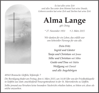 Traueranzeige von Alma Lange von Neue Osnabrücker Zeitung GmbH & Co. KG