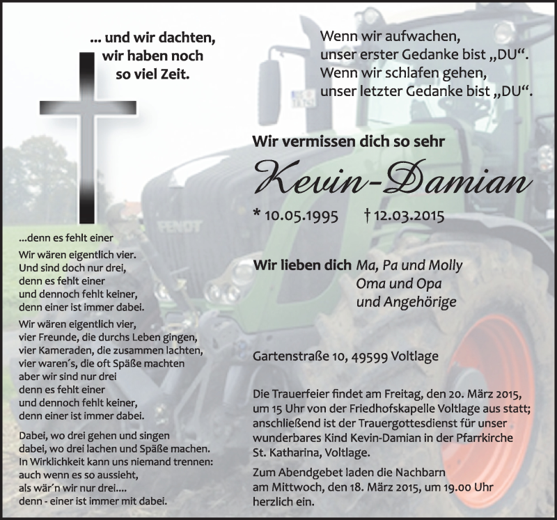 Traueranzeige für Kevin-Damian  vom 17.03.2015 aus Neue Osnabrücker Zeitung GmbH & Co. KG