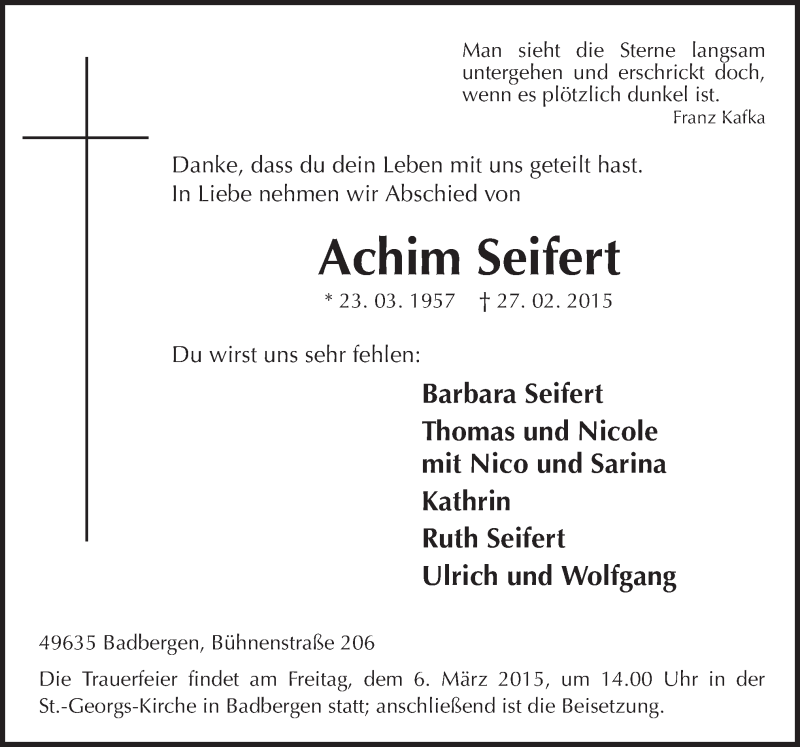  Traueranzeige für Achim Seifert vom 03.03.2015 aus Neue Osnabrücker Zeitung GmbH & Co. KG