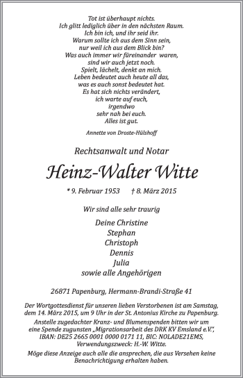 Traueranzeige von Heinz-Walter Witte von Neue Osnabrücker Zeitung GmbH & Co. KG
