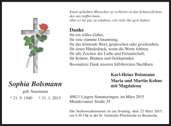 Traueranzeige von Sophia Bolsmann von Neue Osnabrücker Zeitung GmbH & Co. KG