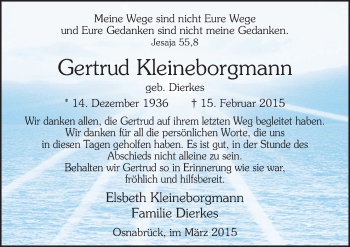 Traueranzeige von Gertrud Kleineborgmann von Neue Osnabrücker Zeitung GmbH & Co. KG