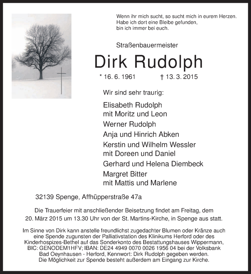  Traueranzeige für Dirk Rudolph vom 17.03.2015 aus Neue Osnabrücker Zeitung GmbH & Co. KG