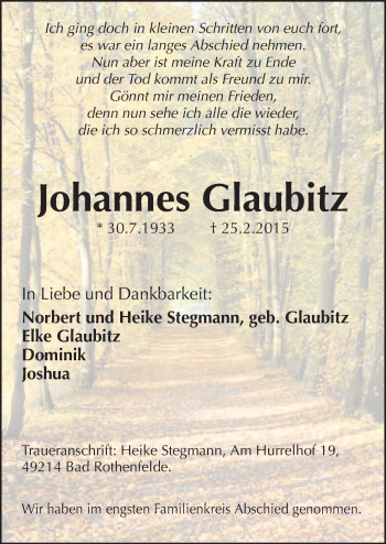 Traueranzeige von Johannes Glaubitz von Neue Osnabrücker Zeitung GmbH & Co. KG