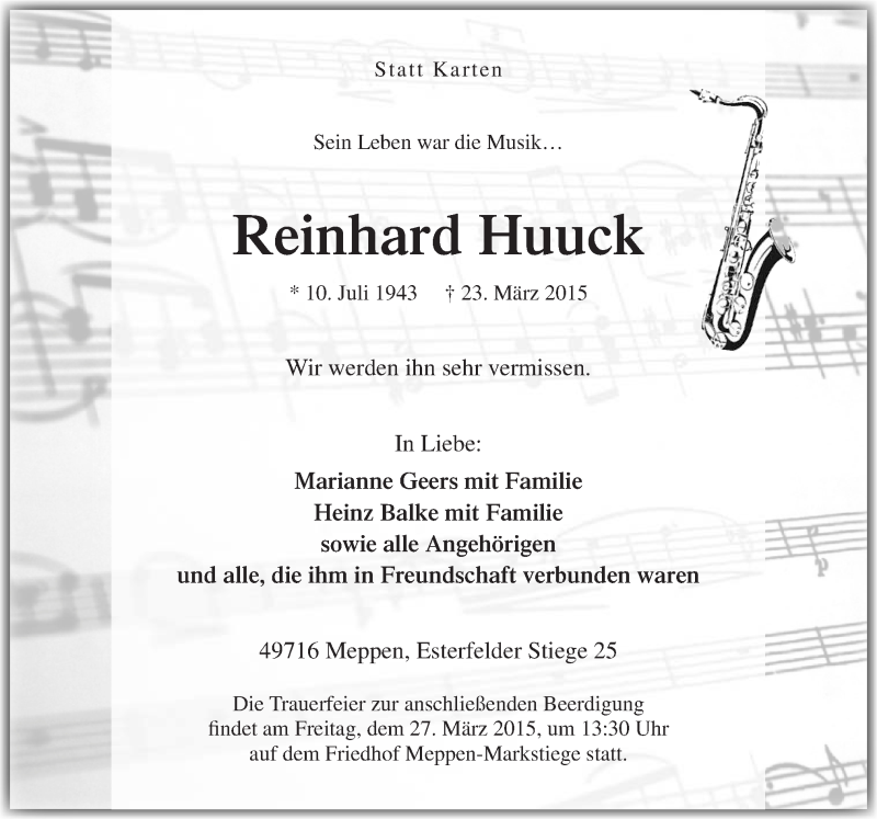  Traueranzeige für Reinhard Huuck vom 26.03.2015 aus Neue Osnabrücker Zeitung GmbH & Co. KG
