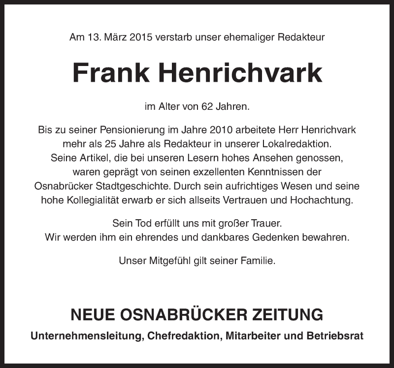  Traueranzeige für Frank Henrichvark vom 17.03.2015 aus Neue Osnabrücker Zeitung GmbH & Co. KG