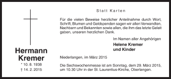 Traueranzeige von Hermann  Kremer von Neue Osnabrücker Zeitung GmbH & Co. KG