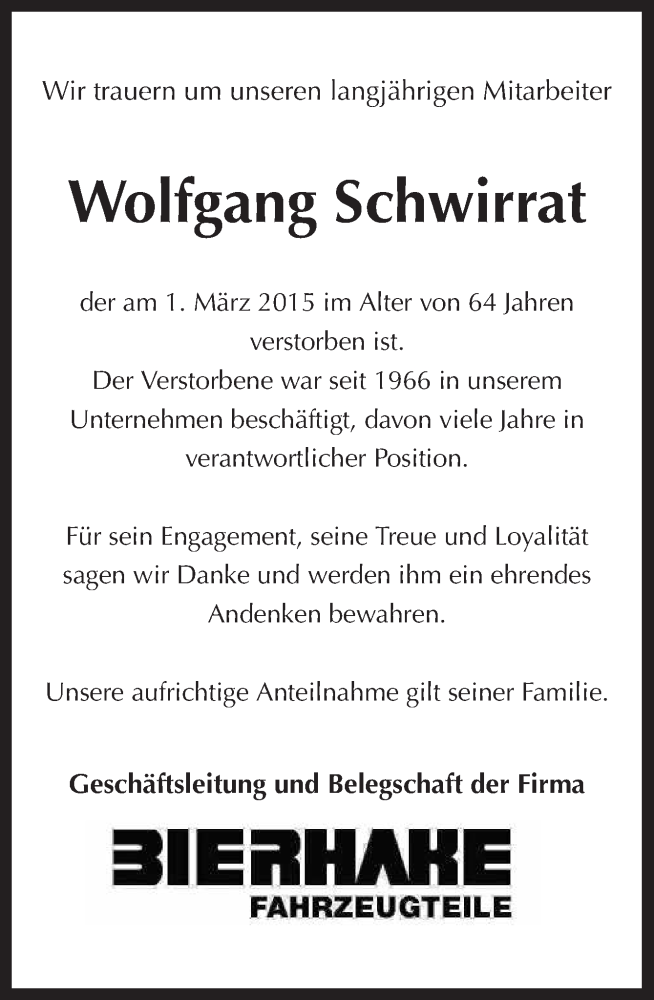  Traueranzeige für Wolfgang Schwirrat vom 07.03.2015 aus Neue Osnabrücker Zeitung GmbH & Co. KG