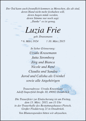 Traueranzeige von Luzia Frie von Neue Osnabrücker Zeitung GmbH & Co. KG