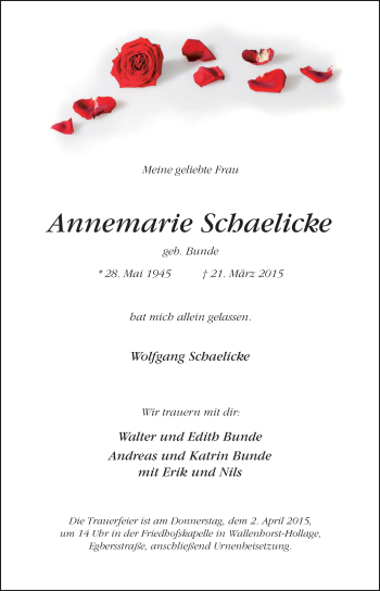 Traueranzeige von Annemarie Schaelicke von Neue Osnabrücker Zeitung GmbH & Co. KG