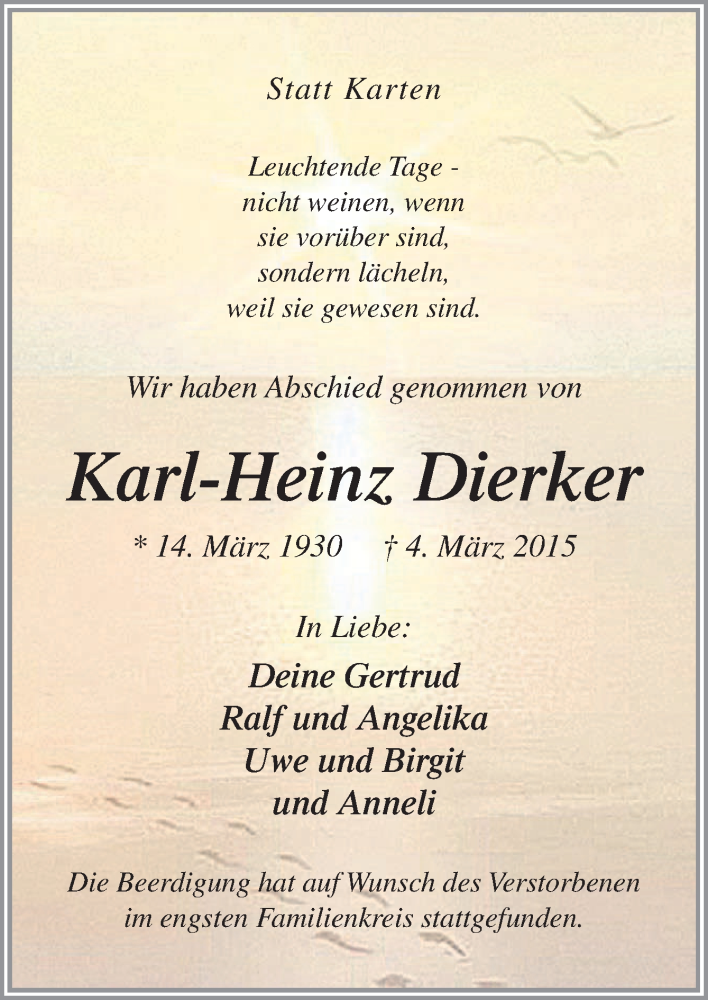  Traueranzeige für Karl-Heinz Dierker vom 25.03.2015 aus Neue Osnabrücker Zeitung GmbH & Co. KG