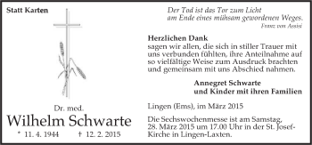 Traueranzeige von Wilhelm Schwarte von Neue Osnabrücker Zeitung GmbH & Co. KG