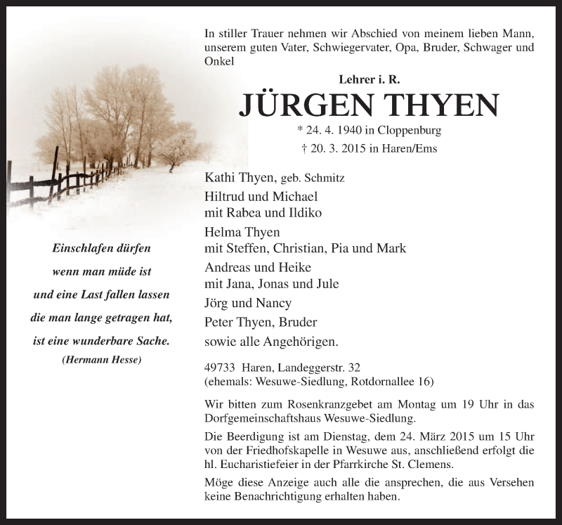  Traueranzeige für Jürgen Thyen vom 23.03.2015 aus Neue Osnabrücker Zeitung GmbH & Co. KG