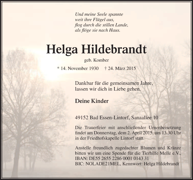  Traueranzeige für Helga Hildebrandt vom 30.03.2015 aus Neue Osnabrücker Zeitung GmbH & Co. KG