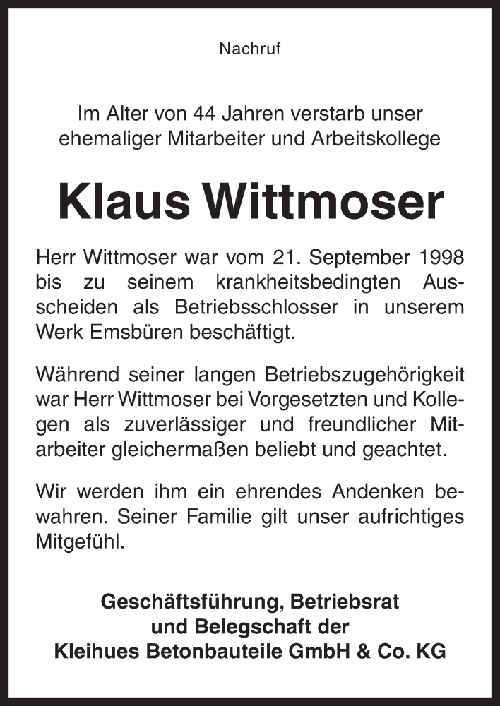  Traueranzeige für Klaus Wittmoser vom 28.03.2015 aus Neue Osnabrücker Zeitung GmbH & Co. KG