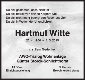 Traueranzeige von Hartmut Witte von Neue Osnabrücker Zeitung GmbH & Co. KG